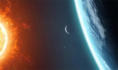 Sun, Earth, and Moon seen from space with a starry background.