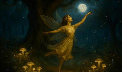 Fairy dancing in forest under full moon