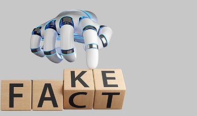 Robot hand moving block letters reading 'FACT' to 'FAKE'