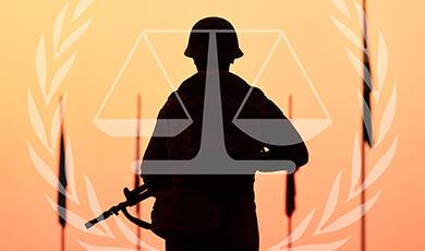 Silhouette of a soldier holding a weapon against a sunset with flags in the background