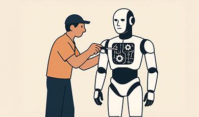 Man repairing a humanoid robot