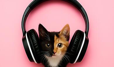 A two-toned kitten with black and orange fur on its face, wearing oversized black headphones against a pink background