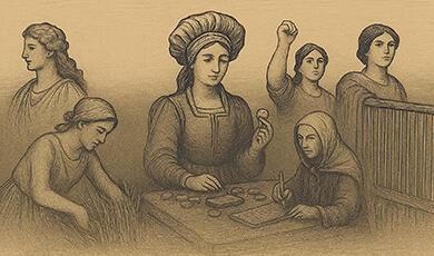 Drawing of women in historical attire, some working, one holding a coin