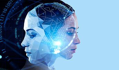 Human head with a digital overlay representing artificial intelligence