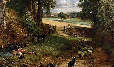 An oil painting titled 'The Cornfield' by John Constable, depicting a pastoral English landscape