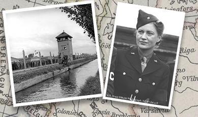 Photo of Lee Miller in army uniform, plus picture she took of a  Dead guard in canal, Dachau, Germany