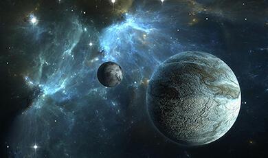 Two planets against a backdrop of a glowing blue nebula and scattered stars