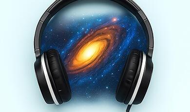 Black over-ear headphones with a galaxy image inside the earcups