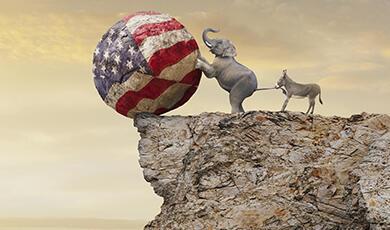 Elephant trying to roll ball colours with USA flag off cliff while donkey tries to stop him