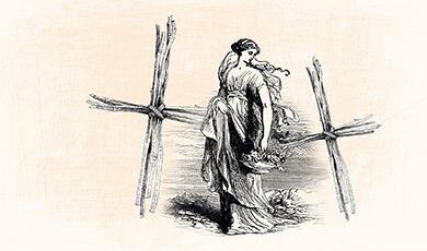 A black and white drawing of a woman in a flowing dress, holding flowers, standing between two large, rough crosses made of tied branches