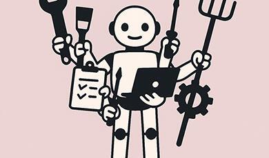 Robot holding various tools and a laptop