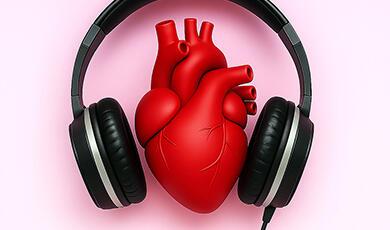 A red anatomical heart model wearing black over-ear headphones on a pink background