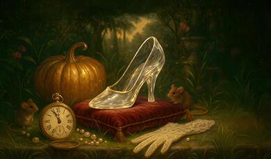A glass slipper on a red cushion, a pumpkin, a clock, pearls, a lace glove, and two mice in a dark, whimsical setting