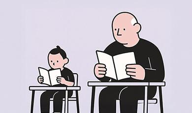 A child and an adult sit at desks reading books