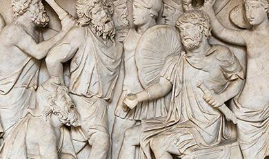 Roman marble relief depicting figures in Classical antiquity