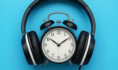 A black alarm clock with headphones on a blue background