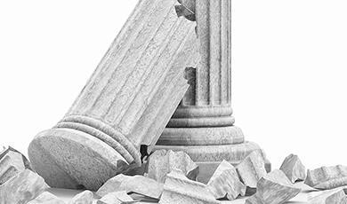 A broken classical column with its top section leaning against the base, surrounded by rubble on a white background