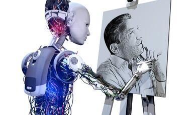 A humanoid robot with exposed wires on its back and arm stands in profile, sketching a black-and-white portrait of a thinking man on a canvas resting on an easel