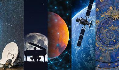 Five-panel collage featuring radio telescopes, moonlit piano, Mars, satellite, and zodiac artwork.