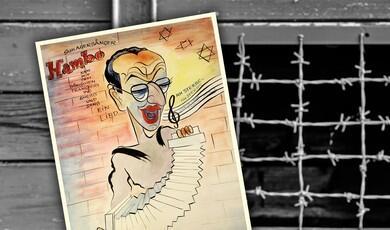 A colourful, hand-drawn caricature of a man playing an accordion is superimposed at an angle over a black-and-white background of a barbed-wire fence