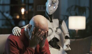 An elderly, bald man sits on a couch covering his face in distress while a humanoid robot places a comforting hand on his shoulder