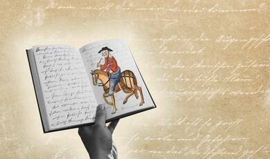 An open book with handwritten script pages is held aloft by a black and white hand against a background of aged, tan parchment paper featuring cursive writing. The right page of the book displays a colourful illustration of a person in a red coat and black hat riding a brown horse