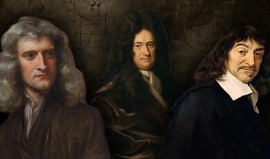 A digital composite of three famous historical thinkers side-by-side against a dark, textured background featuring faint mathematical diagrams
