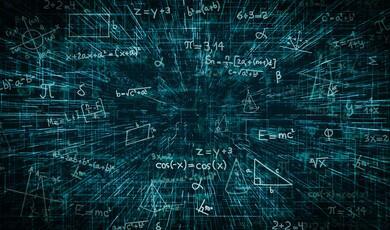 A futuristic, abstract background filled with glowing teal mathematical equations, geometric shapes, and formulas floating through a matrix-like digital space