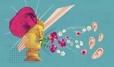 A surrealist collage features a yellow classical bust with a pink section sliced from its head, exhaling a stream of pink and white flowers on a teal background. The floral stream blows toward four floating human ears arranged on the right side of the composition