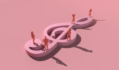 Pink 3D treble clef with five miniature figures standing in different poses on and around the symbol.