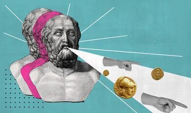 A collage-style digital illustration featuring a classic marble bust of a bearded Greek philosopher against a teal background, with white light beams projecting from his mouth containing cut-out images of ancient gold coins and pointing hands
