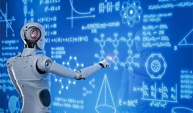A white humanoid robot interacts with a glowing blue digital wall covered in complex mathematical equations, scientific formulas, and chemical structures