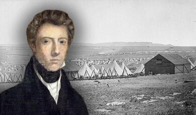 A composite image features a historical colour portrait of a young man with wavy brown hair on the left, superimposed over a black-and-white photograph of a sprawling military tent encampment on a flat, barren landscape on the right
