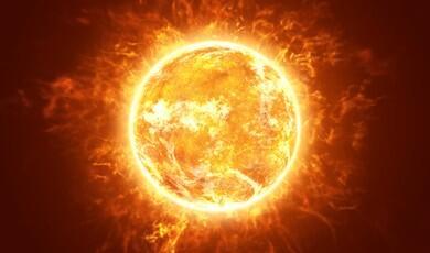 An artist's impression of the Sun, depicted as a glowing, bright orange and yellow sphere covered in turbulent solar flares and surrounded by an intense, fiery corona radiating into space
