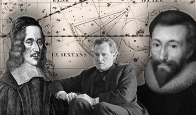An artistic, sepia-toned collage features portrait illustrations of historical figures Johannes Hevelius on the left and John Donne on the right, flanking a central black-and-white photograph of poet R. S. Thomas, all set against a background of an antique astronomical star chart