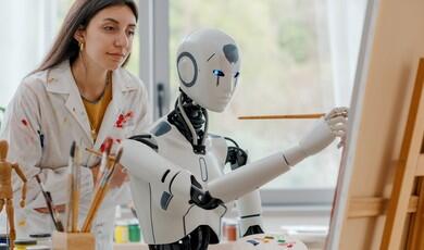 A woman in a white, paint-splattered lab coat looks on as a sleek, white humanoid robot holds a paintbrush and paints on a canvas supported by a wooden easel