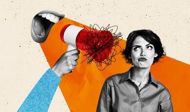 A collage artwork depicts a hand holding a red and white megaphone blasting a chaotic tangle of scribbled black lines toward a skeptical woman on the right. The mouth of a person shouting is positioned just behind the megaphone, and a bright orange geometric shape cuts across the beige background