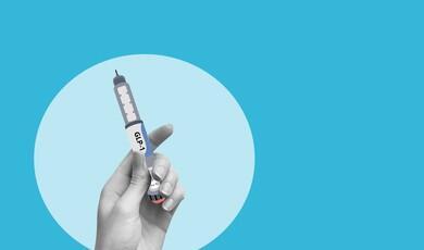 An illustration features a person's hand holding a grey injection pen labeled "GLP-1" against a solid bright blue background. The hand and pen are framed within a large, light blue circle