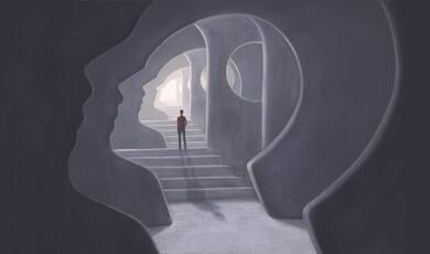 A surreal painting depicts a lone figure in red walking up concrete stairs through a series of interlocking, profile-shaped archways that create a psychological, mind-like tunnel leading toward a bright light
