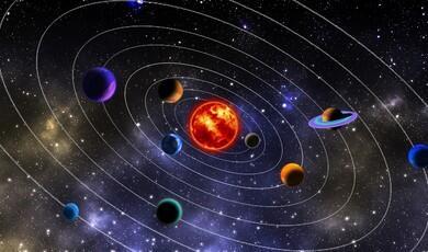 An artistic digital illustration of our solar system depicting eight stylised planets orbiting a bright orange-red sun against a dark, starry background filled with nebulae. Concentric white dotted lines represent the orbital paths of the planets
