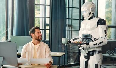 A smiling man sits at his desk holding paperwork and looks up at a sleek, white humanoid robot serving him food and a beverage