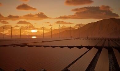 A wide-angle, digital rendering of a large-scale renewable energy farm during a vibrant orange sunset