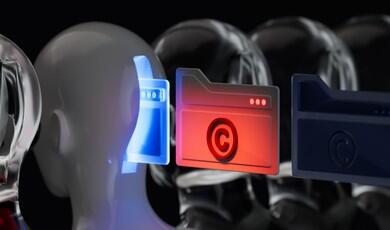 A row of futuristic white robotic heads with digital folder icons floating beside them, featuring a prominent red folder with a copyright symbol in the centre