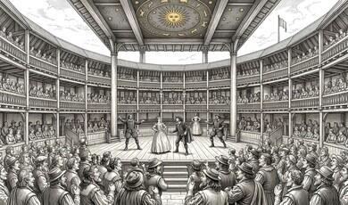 An intricate black-and-white line engraving depicting a performance inside an Elizabethan open-air theatre, resembling Shakespeare's Globe