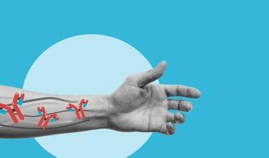 An outstretched, greyscale human arm and hand against a solid blue background with a light blue circle. Superimposed onto the forearm are stylised, red, Y-shaped antibody illustrations containing small blue capsules, representing targeted medical treatment or immunotherapy traveling through the veins