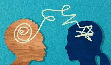 An illustration depicts two profile silhouettes facing each other against a textured blue background, connected by a single continuous line