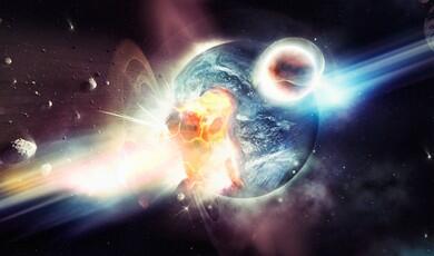 Digital art of a large asteroid colliding with Earth, causing a fiery explosion that rips open the planet's crust amidst a debris field in deep space