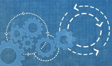 A blueprint-style blue background with a subtle grid pattern features white outlines of five interlocking gears on the left and centre. White dashed lines with directional arrowheads form circular loops that trace around and through the gears