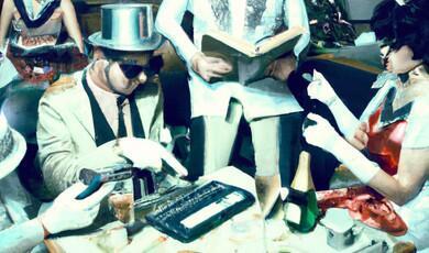 Masked partygoers gathered around a table, one pointing at a keyboard while another reads from a book amid drinks and snacks.