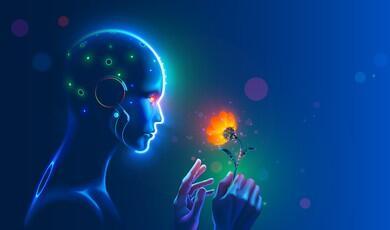 An abstract digital illustration of a glowing humanoid robot looking at a vibrant mechanical flower against a dark blue background